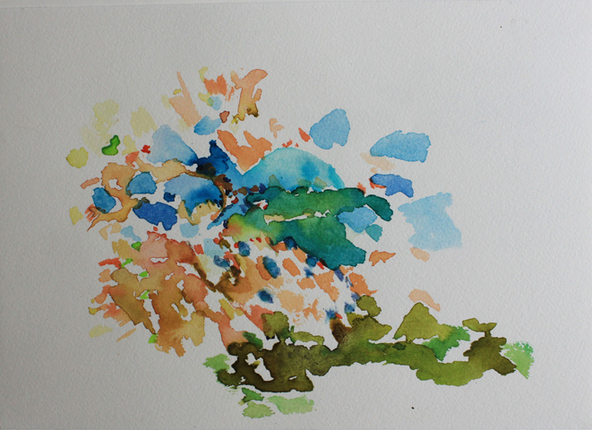 Kirsten Kötter: Montagne Sainte-Victoire, gemalt in der Wildnis nahe Haus Bret, 03.10.2013, mittags, Aquarell, 17 × 24 cm