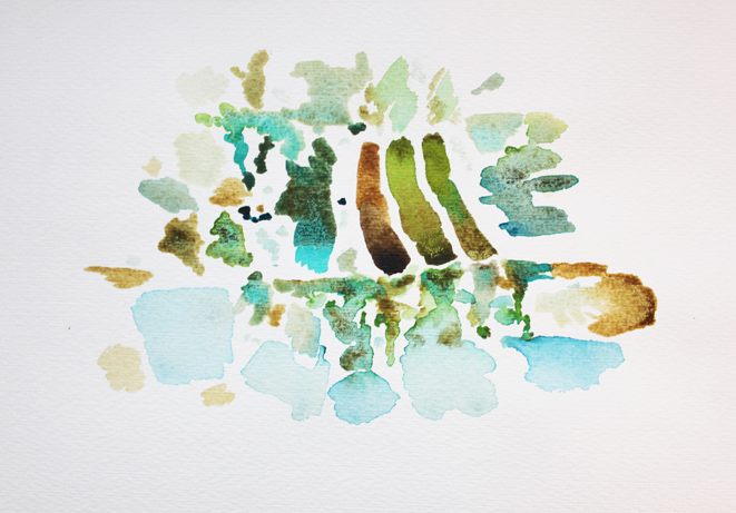 Wasser, Bäume (Detail, Ausschnitt), Site-specific Painting, 05.01.2014, 9.00, Elbterrassen und Fähre bei Coswig, 51.877215° N / 12.451718° O, Aquarell, 17 x 24 cm