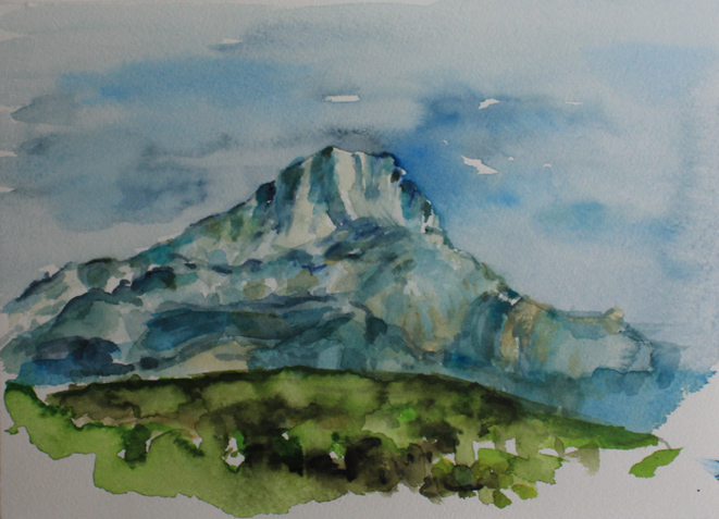 Kirsten Kötter: Montagne Sainte-Victoire, geamlt in der Wildnis nahe Haus Bret, 03.10.2013, früher Nachmittag, Aquarell, 17 × 24 cm