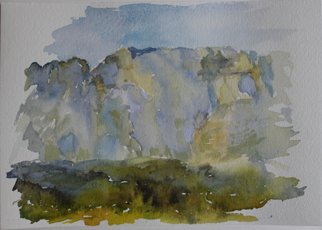 Kirsten Kötter: Montagne Sainte-Victoire vom Parkplatz 'Dites le Chinois', 05.10.2013, kurz vor Sonnenuntergang, Aquarell, 12 × 17 cm
