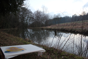 Kirsten Kötter: Foto zu Dämmerung am See (Detail, Ausschnitt), Site-specific painting, See im Taunus, 04.02.2014, ca. 17.30 - 18.30, 50° N / 8 ° O, Öl auf Leinwand, 90 x 70 cm