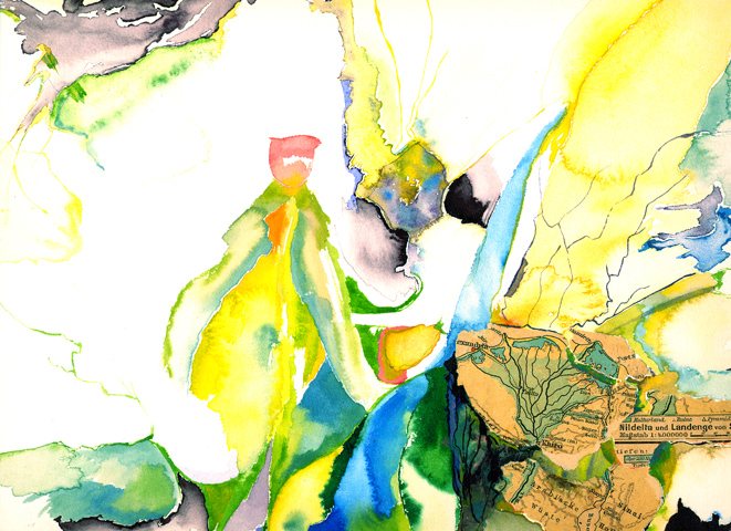 Kirsten Kötter: Collage mit Karte, 1991, Aquarell, 30 × 40 cm