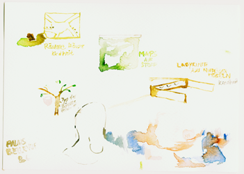 Kirsten Kötter, water colour, 17 x 24 cm, 08.06.2017: Christos Papoulias, 1966, a Child's Attic, and Other Stories (2014) / Guillermo Galindo, various works, Acrylic on Cotton / Bonita Ely, Interior Decoration: Memento Mor (2013-2017) - art about trauma / Abel Rodriguez, Studies of Principal Trees in the Forest