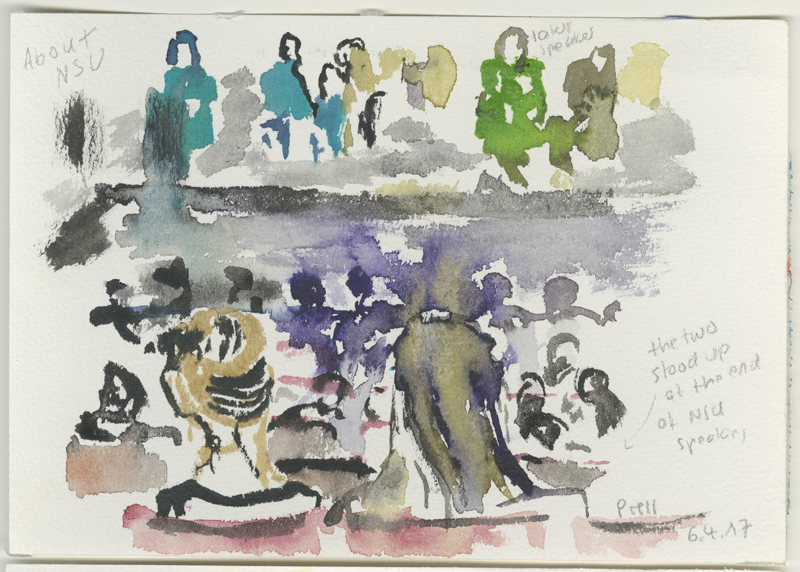 Friends of the Kassel NSU victim Halit Yosgat are speaking, people from the audience stand up spontanously, also the two young women in front of me. Kirsten Kötter, water colour, 12 x 17 cm